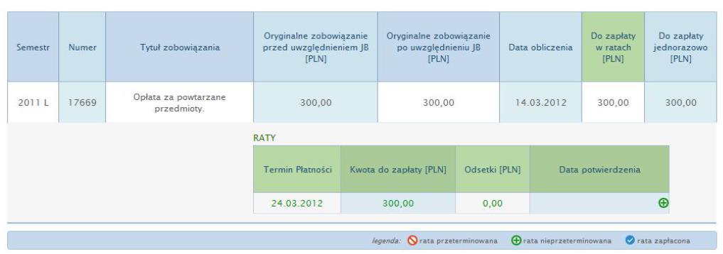 5.7. Opłaty W przypadku nie zaliczenia przedmiotu system naliczy opłatę za jego powtarzanie w kolejnym roku akademickim. W zakładce tej podane są m.in. data obliczenia zobowiązania i termin płatności.