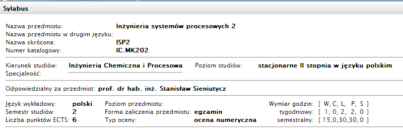 Klikając w szczegóły wybranego przedmiotu, otwieramy Sylabus, który dostarcza nam wielu informacji, przykładowo: