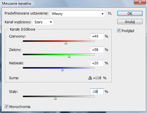 Zaznaczamy na dole Monochromia. Następnie suwakami dostosowujemy jasności poszczególnych kanałów.