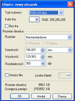 Tworzenie nowego obrazka Wybór trybu kolorów Określenie