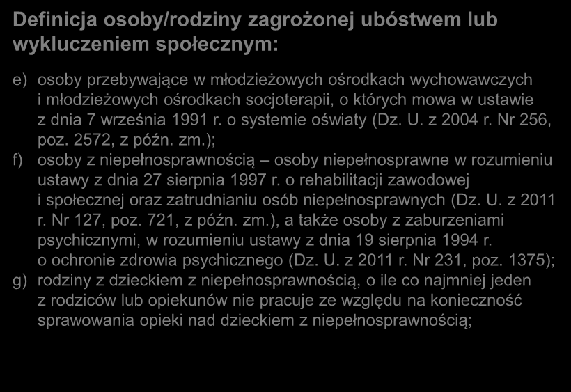 Definicja osoby/rodziny zagrożonej ubóstwem lub wykluczeniem społecznym: e) osoby przebywające w młodzieżowych ośrodkach wychowawczych i młodzieżowych ośrodkach socjoterapii, o których mowa w ustawie