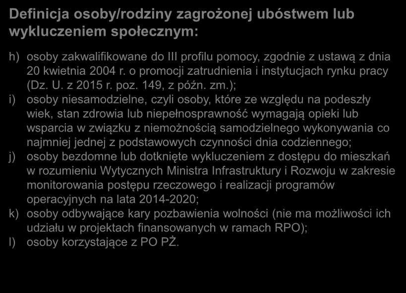Definicja osoby/rodziny zagrożonej ubóstwem lub wykluczeniem społecznym: h) osoby zakwalifikowane do III profilu pomocy, zgodnie z ustawą z dnia 20 kwietnia 2004 r.