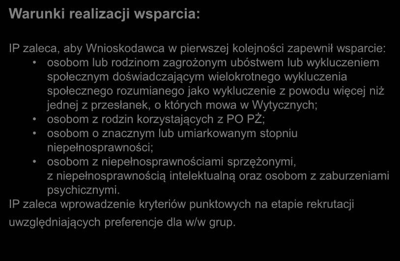 IP zaleca, aby Wnioskodawca w pierwszej kolejności zapewnił wsparcie: osobom lub rodzinom zagrożonym ubóstwem lub wykluczeniem społecznym doświadczającym wielokrotnego wykluczenia społecznego