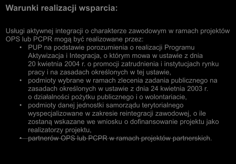 Usługi aktywnej integracji o charakterze zawodowym w ramach projektów OPS lub PCPR mogą być realizowane przez: PUP na podstawie porozumienia o realizacji Programu Aktywizacja i Integracja, o którym