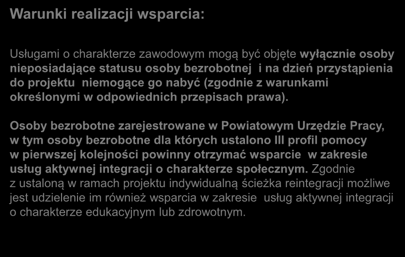 Usługami o charakterze zawodowym mogą być objęte wyłącznie osoby nieposiadające statusu osoby bezrobotnej i na dzień przystąpienia do projektu niemogące go nabyć (zgodnie z warunkami określonymi w
