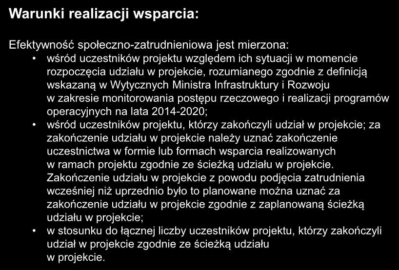 Efektywność społeczno-zatrudnieniowa jest mierzona: wśród uczestników projektu względem ich sytuacji w momencie rozpoczęcia udziału w projekcie, rozumianego zgodnie z definicją wskazaną w Wytycznych