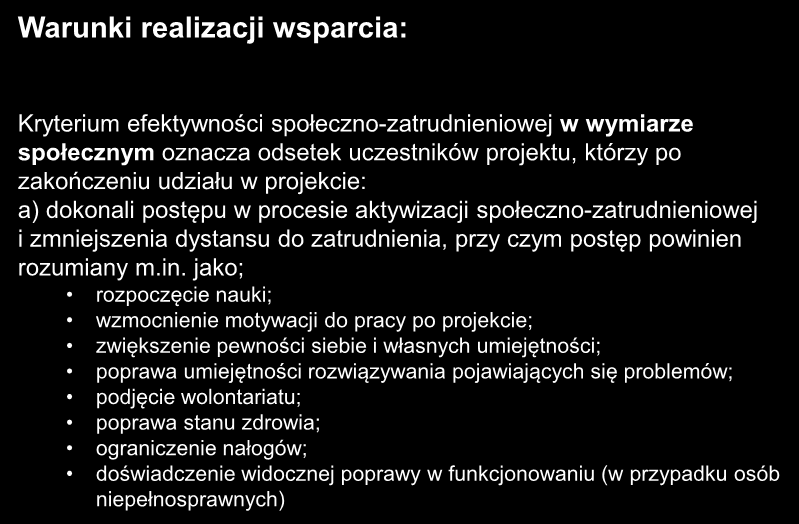 Kryterium efektywności społeczno-zatrudnieniowej w wymiarze społecznym oznacza odsetek uczestników projektu, którzy po zakończeniu udziału w projekcie: a) dokonali postępu w procesie aktywizacji