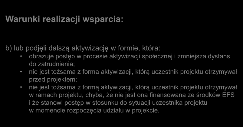 b) lub podjęli dalszą aktywizację w formie, która: obrazuje postęp w procesie aktywizacji społecznej i zmniejsza dystans do zatrudnienia; nie jest tożsama z formą aktywizacji, którą uczestnik
