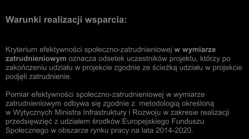 Kryterium efektywności społeczno-zatrudnieniowej w wymiarze zatrudnieniowym oznacza odsetek uczestników projektu, którzy po zakończeniu udziału w projekcie zgodnie ze ścieżką udziału w projekcie