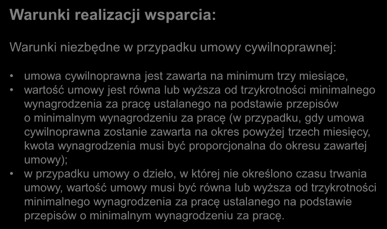 Warunki niezbędne w przypadku umowy cywilnoprawnej: umowa cywilnoprawna jest zawarta na minimum trzy miesiące, wartość umowy jest równa lub wyższa od trzykrotności minimalnego wynagrodzenia za pracę