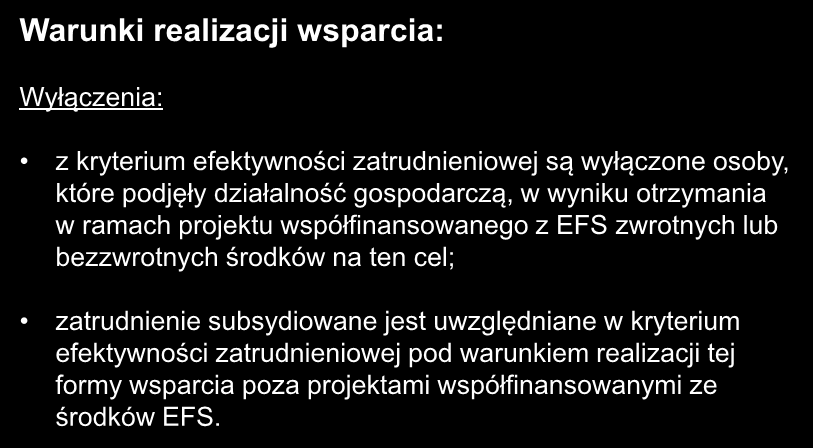 Wyłączenia: z kryterium efektywności zatrudnieniowej są wyłączone osoby, które podjęły działalność gospodarczą, w wyniku otrzymania w ramach projektu współfinansowanego z EFS zwrotnych lub