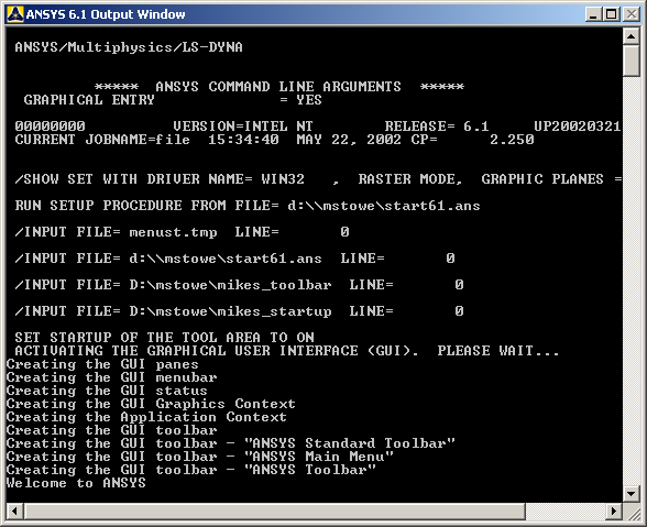Output Window Daje uŝytkownikowi podgląd jak ANSYS interpretuje input. Output Window jest niezaleŝne od menu ANSYSa. Uwaga: Zamknięcie output window zamyka całą sesję ANSYSa!