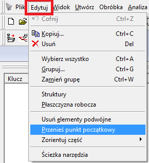 Ustawienie profilu w globalnym układzie XYZ programu ESPRIT W Menu głównym wybierz EDYTUJ i wybierz Przenieś punkt początkowy a następnie wskaż punkt w lewym dolnym narożu większego prostokąta.
