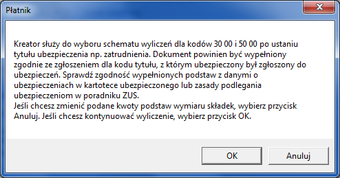 Rysunek 54. Okno komunikatu przypominającego konieczność porównania wypełnionych podstaw wymiaru z rodzajami ubepziczeń w kartotece. 4. Na ekranie pojawi się okno Schematy wyliczeń.