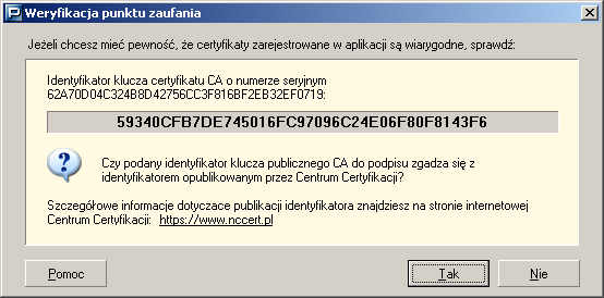 5.10.5 Weryfikacja certyfikatu Funkcja pozwala zweryfikować certyfikat zarejestrowany w programie. Funkcja jest dostępna dla wszystkich certyfikatów zarejestrowanych w programie.