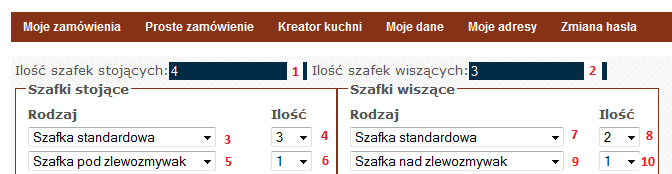 PRZYKŁAD: 1 system sumuje ilość szafek stojących z pól 4 i 6 4 sztuki. 2 system sumuje ilość szafek wiszących z pól 8 i 10 3 sztuki.