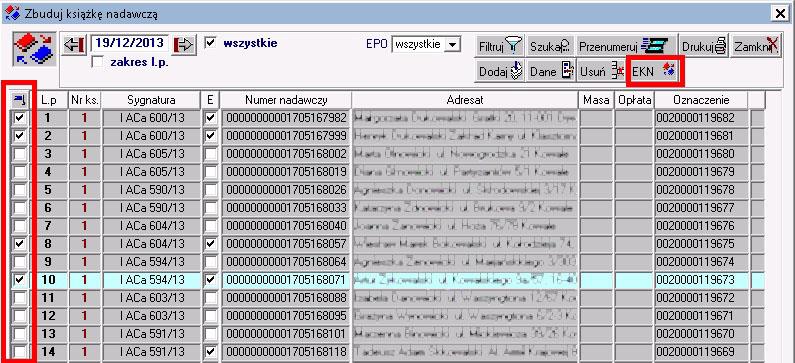 Utworzenie EKN (elektroniczna książka nadawcza) z wybranych pozycji książki nadawczej Aby utworzyć zbiór EKN celem przekazania przesyłek do systemu EPO najpierw zaznaczamy pisma za pomocą pól