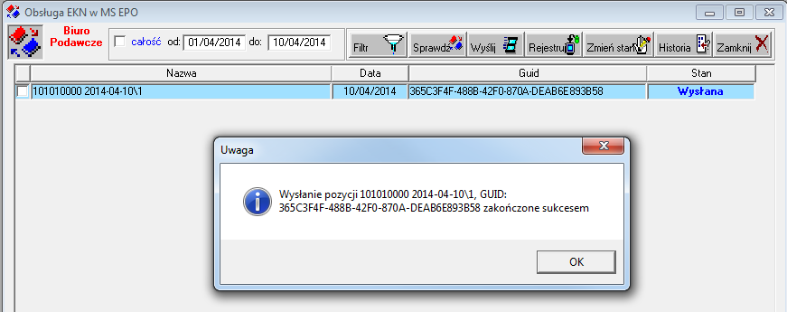 Na liście zostaną wyświetlone (w zależności od zastosowanego filtra) wszystkie zbiory EKN utworzone z poziomu biura podawczego.