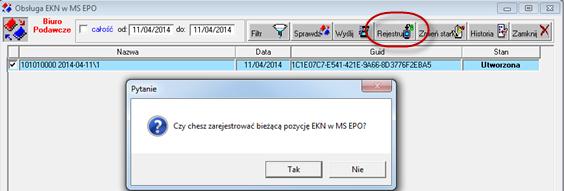Po przejściu do obsługi zbioru EKN z poziomu biura podawczego, widoczna będzie na liście pozycja książki nadawczej o stanie Utworzona.