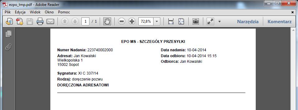 Aby podejrzeć EPO wystarczy kliknąć ikonę pdf, co spowoduje automatyczne otwarcie dokumentu w domyślnym programie służącym do odczyty plików
