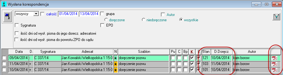 2.5.2 Sprawdzenie EPO z poziomu aplikacji wydziałowej W głównym oknie korespondencji wysłanej pojawią się informacje dotyczące sposobu (w