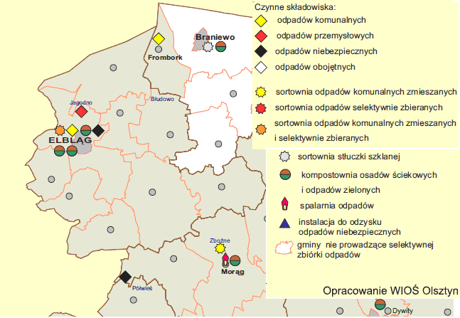 odpadów niebezpiecznych, Centrum Recyklingu z kontenerami do oddawania odpadów przez mieszkańców (1000 Mg/rok); w ramach MPEC Sp. z o.o. Braniewo (wraz z gminą Pasłęk): składowisko odpadów (kwatera II) o pojemności 90 tys.