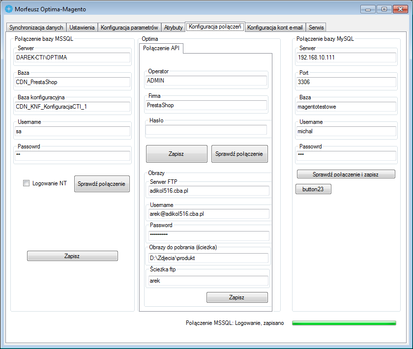 2. Konfiguracja połączenia Na początku pracy z programem należy skonfigurować połączenie z serwerem MS SQL, programem Comarch ERP Optima oraz serwerem MySQL Magento.