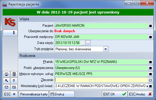 Ryc.15 Brak informacji o uprawnieniu przy korzystaniu z karty rejestracji świadczeń