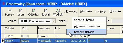 Znaczenie pól Nazwa Rozmiar Szafka/Box Aktywny Zwolniony, Rozliczony Opis Rozmiar pracownika. Niezbędny do właściwego wygenerowania ubrań. Numer szafy i boxu. Można wybrać ręcznie.