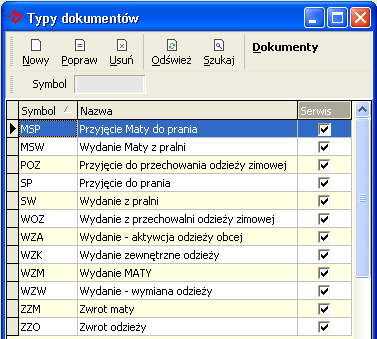 4.2. Dokumenty serwisowe Serwis»Dokumenty Po wybraniu funkcji Serwis»Dokumenty z menu głównego uzyskamy dostęp do wyboru typu dokumentu, który chcemy zredagować.