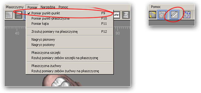 10.1. Pomiar odległości między dwoma punktami Aby dokonać pomiaru odległości między dwoma punktami na powierzchni modelu (ewentualnie powierzchni przekroju) należy wybrać opcję "Pomiar punkt-punkt" z