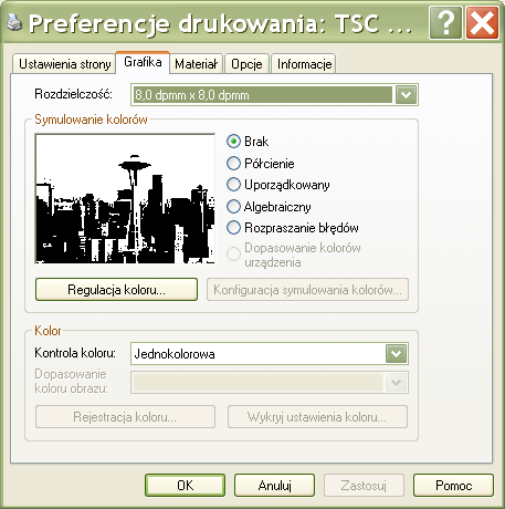 orientacja druku (pole "Orientacja"): do wyboru są 4 możliwe położenia druku na etykiecie, efekty odbicia lustrzanego oraz druku w negatywie (pole "Efekty"): należy pamiętać, że druk projektu w