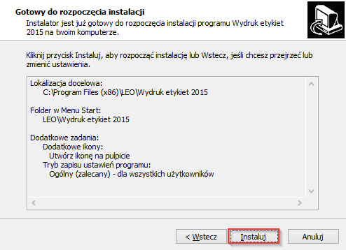 Ostatni etap to podsumowanie wybranych ustawień.