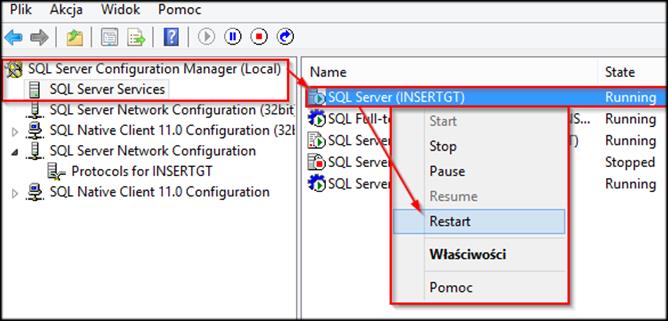 Po zapisaniu zmian należy zrestartować serwer SQL. W tym celu należy wybrać SQL Server Configuration Manager, a następnie SQL Server Services.
