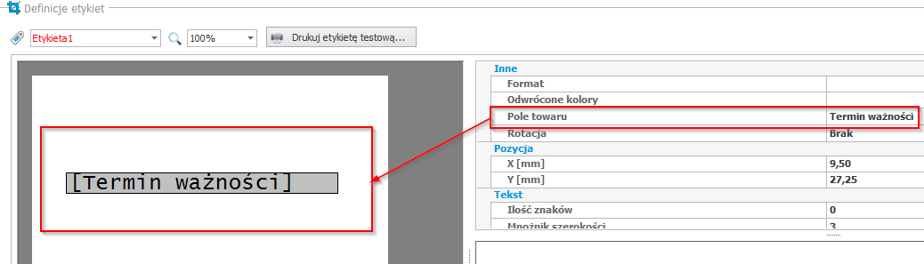 Ustawienia w programie Wydruk etykiet. Po zdefiniowaniu pola własnego w programie Wydruk etykiet należy włączyć opcję Pole własne z liczbą dni przydatności do spożycia.