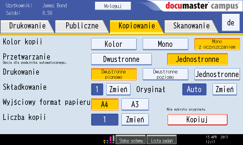 Kolor kopii kopia w kolorze, kopia monochromatyczna lub monochromatyczna z oczyszczaniem usuwanie zanieczyszczeń(domyślnie mono), Przetwarzanie oryginał dokumentu będzie skanowany jednostronnie lub