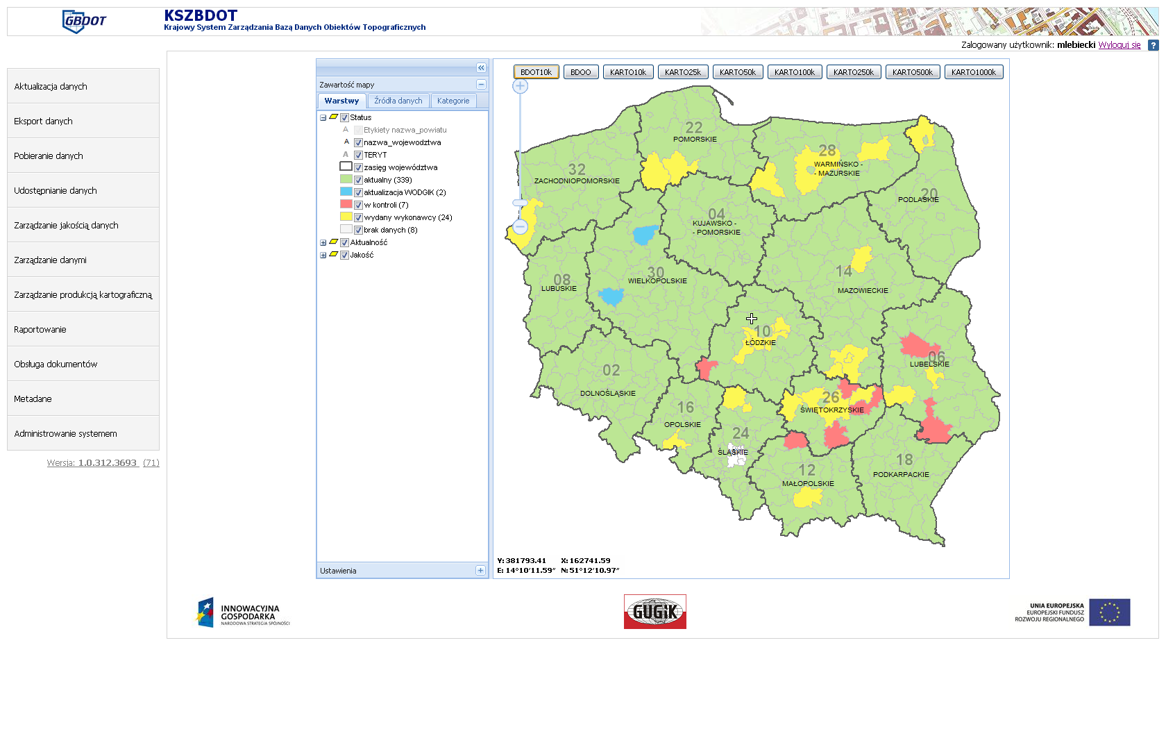 KSZBDOT Opracowany i wdrożony w ramach Projektu Krajowy System Zarządzania Bazą Danych Obiektów Topograficznych (KSZBDOT) jest narzędziem wykorzystywanym do aktualizacji i przetwarzania danych w