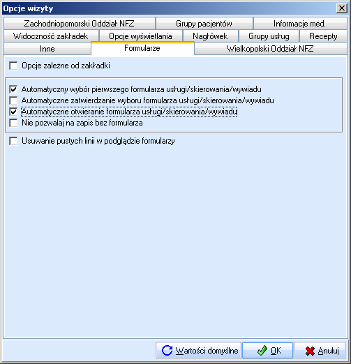 Dostępne na tej zakładce opcje realizują następujące zadania: Opcje zaleŝne od zakładki pozwala na ustawienie opcji oddzielnie dla kaŝdej zakładki wyświetlonej w oknie Wizyty.