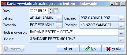 Po ustawieniu grup usług w Opcjach wizyty podczas rejestracji Wizyty moŝliwe będzie uzupełnienie zdefiniowanego formularza.