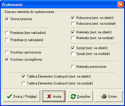 Kosztorys uproszczony - po zaznaczeniu tej opcji na wydruku nie będą wyszczególnione żadne nakłady, będzie tylko podany opis, wartości R,M,S, wartość całej pozycji i cena jednostkowa robót