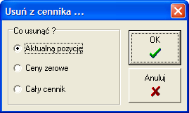 pomnóż ceny - Po wybraniu tej opcji można zmienić wszystkie ceny w cenniku tzn. pomnożyć je przez jakiś współczynnik (np. inflacji). Ceny zerowe oczywiście nie zostaną zmienione.