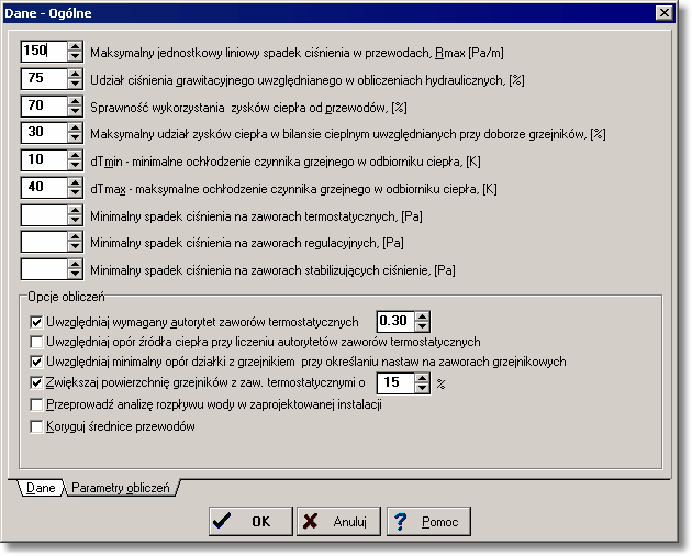 aquatherm-polska CO 36 Dialog Dane - Ogólne z wprowadzonymi parametrami obliczeń Szczegółowe informacje na temat dialogu z ogólnymi danymi podano w