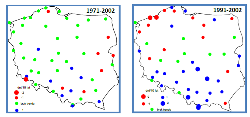 dni upalnych (z temperaturą maksymalną 30 o C), najczęściej występujących w rejonie południowo-zachodniej części Polski, najrzadziej w rejonie wybrzeża i w górach, z najdłuższymi ciągami dni upalnych