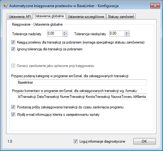 Konfiguracja połączenia ze sklepem BaseLinker 1. W okienku konfiguracji, w polach <Adres API> i <Klucz API> podaj odpowiednio: - adres do usługi sieciowej sklepu - twój klucz API. 2.