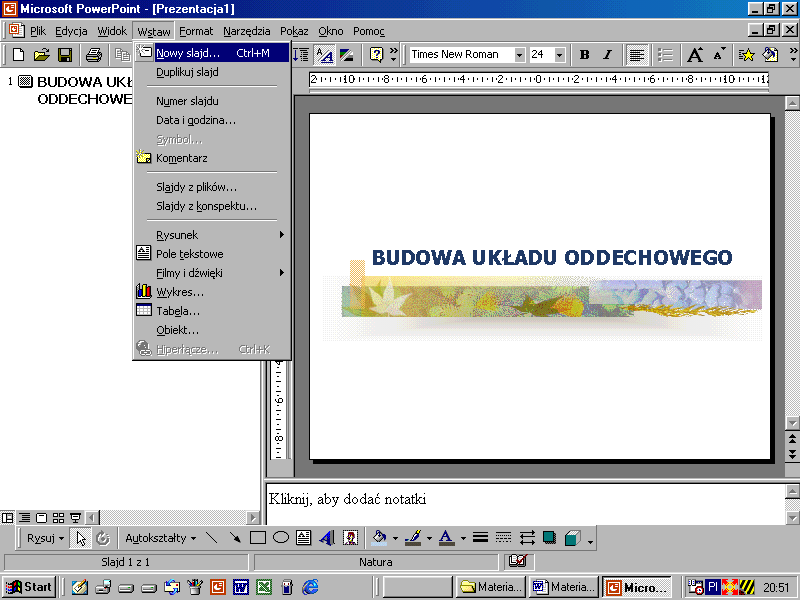 1. W tym polu pokazuje się lista zaprojektowanych slajdów 2. Pole slajdu 4. Przyciski zmieniające widok projektu prezentacji oraz przycisk uruchamiają cy prezentację opisuje Rysunek 8 3.