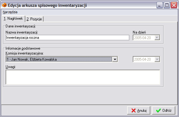 Po jego wciśnięciu pojawi się okno arkuszy spisowych danej inwentaryzacji.