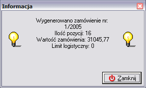 Wybór dostawcy należy potwierdzić przyciskiem Wybierz. Wybrany kontrahent pojawi się w okienku tworzenia zamówienia: Aby utworzyć nowe zamówienie należy wybrać przycisk Utwórz zamówienie.