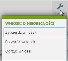 Lista wnioski o nieobecności zawiera listę wprowadzonych wniosków o urlop wypoczynkowy, okolicznościowy, delegację (opis funkcjonalności znajduje się w części Pulpit Kierownika, Pulpit