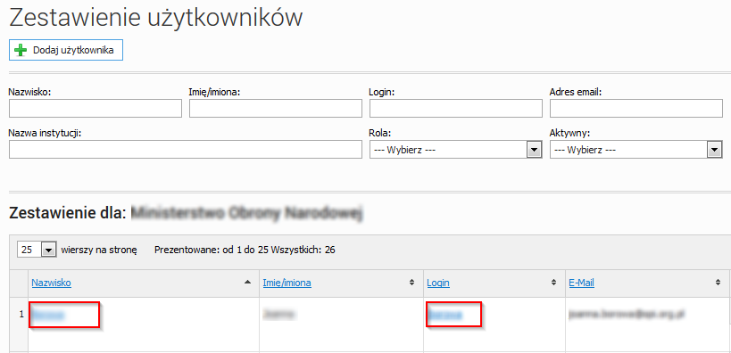 5.4 Nadawanie i odbieranie ról użytkownikom Administrator ministerstwa (rola systemowa: MIN_ADM) ma uprawnienia do dodawania i edycji danych użytkowników własnej instytucji oraz instytucji