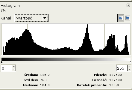 Histogram obrazu cyfrowego wykres obrazujący, ile pikseli o każdej intensywności jest w obrazie w osi OX odłożone są wszystkie możliwe intensywności w